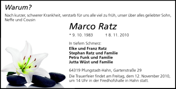 Traueranzeige von Marco Ratz von Darmstädter Echo, Odenwälder Echo, Rüsselsheimer Echo, Groß-Gerauer-Echo, Ried Echo