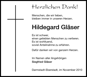 Traueranzeige von Hildegard Gläser von Echo-Zeitungen (Gesamtausgabe)