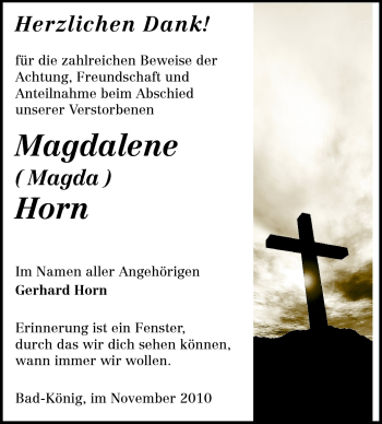 Traueranzeige von Magdalene Horn von Odenwälder Echo