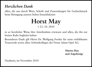 Traueranzeige von Horst May von Rüsselsheimer Echo, Groß-Gerauer-Echo, Ried Echo