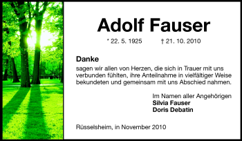 Traueranzeige von Adolf Fauser  von Rüsselsheimer Echo, Groß-Gerauer-Echo, Ried Echo