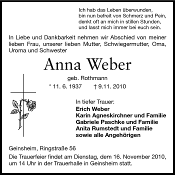 Traueranzeige von Anna Weber von Rüsselsheimer Echo, Groß-Gerauer-Echo, Ried Echo