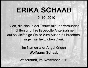 Traueranzeige von Erika Schaab von Darmstädter Echo, Odenwälder Echo, Rüsselsheimer Echo, Groß-Gerauer-Echo, Ried Echo