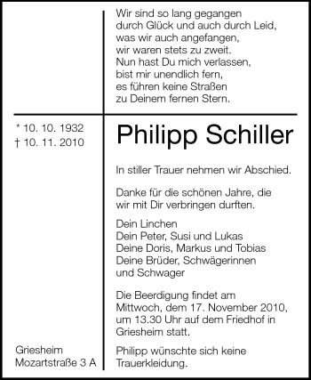 Traueranzeige von Philipp Schiller von Darmstädter Echo, Odenwälder Echo, Rüsselsheimer Echo, Groß-Gerauer-Echo, Ried Echo Traueranzeige von Philipp Schiller von Darmstädter Echo, Odenwälder Echo, Rüsselsheimer Echo, Groß-Gerauer-Echo, Ried Echo