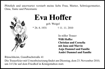 Traueranzeige von Eva Hoffer von Rüsselsheimer Echo, Groß-Gerauer-Echo, Ried Echo Traueranzeige von Eva Hoffer von Rüsselsheimer Echo, Groß-Gerauer-Echo, Ried Echo