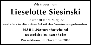 Traueranzeige von Lieselotte Siesinski von Rüsselsheimer Echo, Groß-Gerauer-Echo, Ried Echo