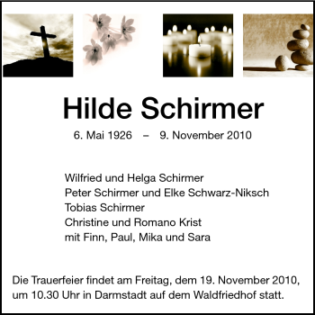 Traueranzeige von Hilde Schirmer von Darmstädter Echo, Odenwälder Echo, Rüsselsheimer Echo, Groß-Gerauer-Echo, Ried Echo