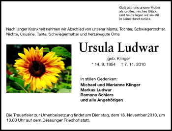 Traueranzeige von Ursula Ludwar von Echo-Zeitungen (Gesamtausgabe) Traueranzeige von Ursula Ludwar von Echo-Zeitungen (Gesamtausgabe)
