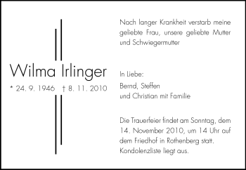 Traueranzeige von Wilma Irlinger von Odenwälder Echo