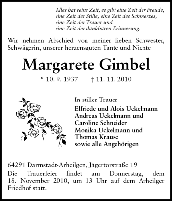 Traueranzeige von Margarete Gimbel von Echo-Zeitungen (Gesamtausgabe)