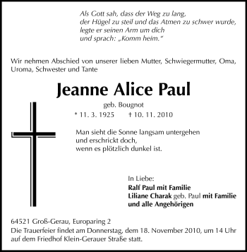 Traueranzeige von Jeanne Alice Paul von Rüsselsheimer Echo, Groß-Gerauer-Echo, Ried Echo
