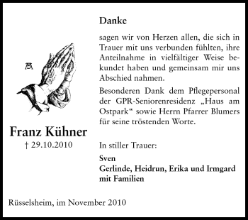 Traueranzeige von Franz Kühner von Rüsselsheimer Echo, Groß-Gerauer-Echo, Ried Echo