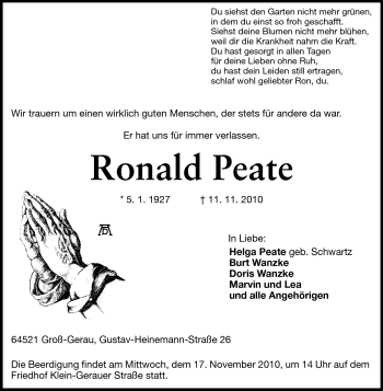Traueranzeige von Ronald Peate von Rüsselsheimer Echo, Groß-Gerauer-Echo, Ried Echo