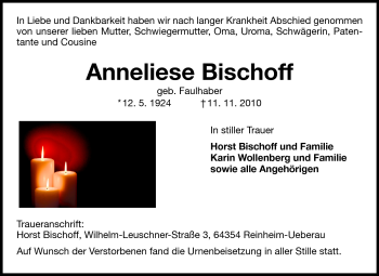 Traueranzeige von Anneliese Bischoff von Darmstädter Echo, Odenwälder Echo, Rüsselsheimer Echo, Groß-Gerauer-Echo, Ried Echo