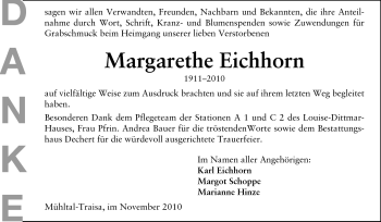 Traueranzeige von Margarethe Eichhorn von Echo-Zeitungen (Gesamtausgabe)
