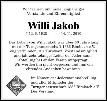 Traueranzeige von Willi Jakob von Starkenburger Echo