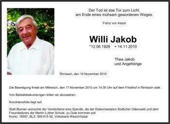 Traueranzeige von Willi Jakob von Starkenburger Echo