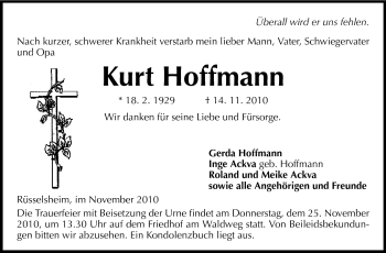 Traueranzeige von Kurt Hoffmann von Rüsselsheimer Echo, Groß-Gerauer-Echo, Ried Echo