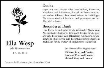 Traueranzeige von Ella Wesp von Darmstädter Echo, Odenwälder Echo, Rüsselsheimer Echo, Groß-Gerauer-Echo, Ried Echo