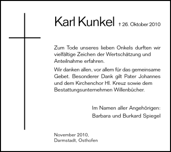 Traueranzeige von Karl Kunkel von Echo-Zeitungen (Gesamtausgabe)
