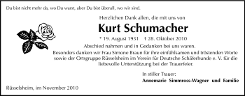 Traueranzeige von Kurt Schumacher von Rüsselsheimer Echo, Groß-Gerauer-Echo, Ried Echo
