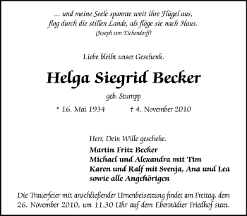 Traueranzeige von Helga Siegrid Becker von Darmstädter Echo, Odenwälder Echo, Rüsselsheimer Echo, Groß-Gerauer-Echo, Ried Echo