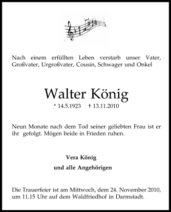 Traueranzeige von Walter König von Echo-Zeitungen (Gesamtausgabe)