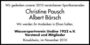 Traueranzeige von Albert Bärsch von Rüsselsheimer Echo, Groß-Gerauer-Echo, Ried Echo