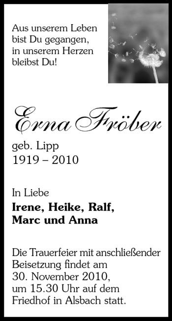 Traueranzeige von Erna Fröber von Echo-Zeitungen (Gesamtausgabe)