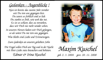 Traueranzeige von Maxim Kuschel von Darmstädter Echo, Odenwälder Echo, Rüsselsheimer Echo, Groß-Gerauer-Echo, Ried Echo