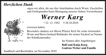 Traueranzeige von Werner Karg von Odenwälder Echo