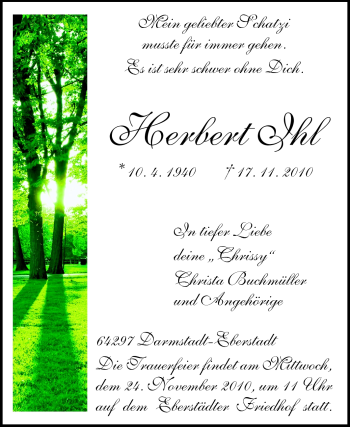 Traueranzeige von Herbert Ihl von Darmstädter Echo, Odenwälder Echo, Rüsselsheimer Echo, Groß-Gerauer-Echo, Ried Echo