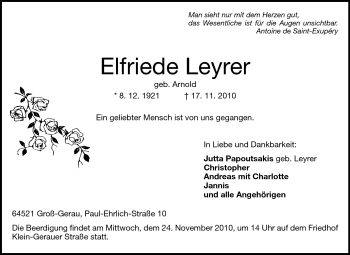 Traueranzeige von Elfriede Leyrer von Rüsselsheimer Echo, Groß-Gerauer-Echo, Ried Echo