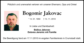 Traueranzeige von Bogomir Jakovac von Rüsselsheimer Echo, Groß-Gerauer-Echo, Ried Echo