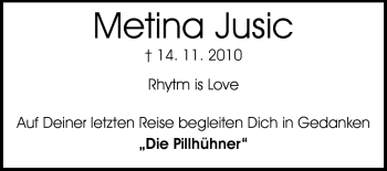 Traueranzeige von Metina Jusic von Darmstädter Echo, Odenwälder Echo, Rüsselsheimer Echo, Groß-Gerauer-Echo, Ried Echo