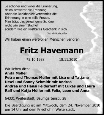 Traueranzeige von Fritz Havemann von Echo-Zeitungen (Gesamtausgabe)