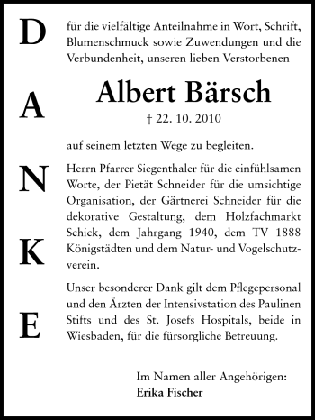 Traueranzeige von Albert Bärsch von Rüsselsheimer Echo, Groß-Gerauer-Echo, Ried Echo