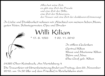 Traueranzeige von Willi Kilian von Odenwälder Echo