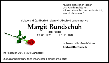 Traueranzeige von Margit Bundschuh von Echo-Zeitungen (Gesamtausgabe)