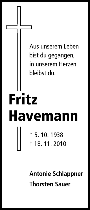 Traueranzeige von Fritz Havemann von Echo-Zeitungen (Gesamtausgabe)