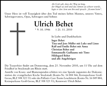 Traueranzeige von Ulrich Behet von Echo-Zeitungen (Gesamtausgabe)