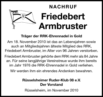 Traueranzeige von Friedebert Armbruster von Rüsselsheimer Echo, Groß-Gerauer-Echo, Ried Echo