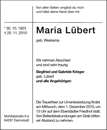 Traueranzeige von Maria Lübert von Echo-Zeitungen (Gesamtausgabe)