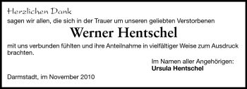 Traueranzeige von Werner Hentschel von Darmstädter Echo, Odenwälder Echo, Rüsselsheimer Echo, Groß-Gerauer-Echo, Ried Echo
