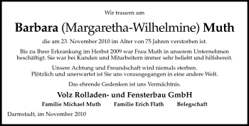 Traueranzeige von Barbara Margaretha-Wilhemine Muth von Echo-Zeitungen (Gesamtausgabe)