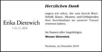 Traueranzeige von Erika Dietewich von Rüsselsheimer Echo, Groß-Gerauer-Echo, Ried Echo