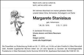 Traueranzeige von Margarete Stanislaus von Darmstädter Echo, Odenwälder Echo, Rüsselsheimer Echo, Groß-Gerauer-Echo, Ried Echo