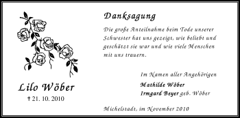 Traueranzeige von Lilo Wöber von Odenwälder Echo