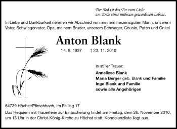 Traueranzeige von Anton Blank von Odenwälder Echo
