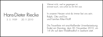 Traueranzeige von Hans-Dieter Riecke von Echo-Zeitungen (Gesamtausgabe)